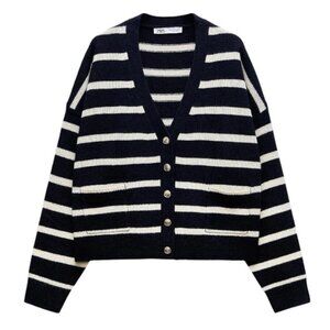 NWOT Zara Navy Striped 100% Wool Knit Cardigan with Nautical Buttons Details